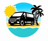 A logo for Mallorca4you.co.uk, featuring a sleek van, tropical palm trees, and a vibrant turquoise sky, representing a professional private transfer service